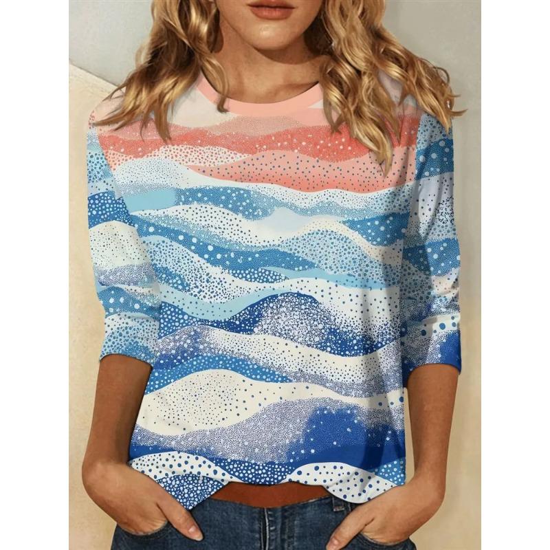 Summer Women's 3D Printed Crew Neck Long Sleeve T-Shirt Fashion Versatile Trend Breathable Casual