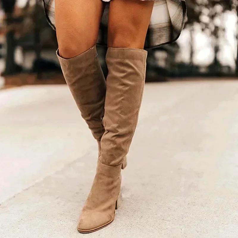 2024 Women Knee-High Boots Sexy High Heels Solid Color Women Shoes  Winter Warm Flock Fashion Pointed Toe Rome Females Boots