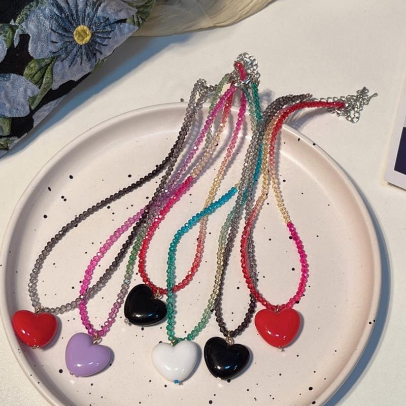 Fashion Sweet Heart Pendant Necklace Choker Neck Chain Elegant Clavicle Chain Gradient Crystal Beaded Necklace Jewelry