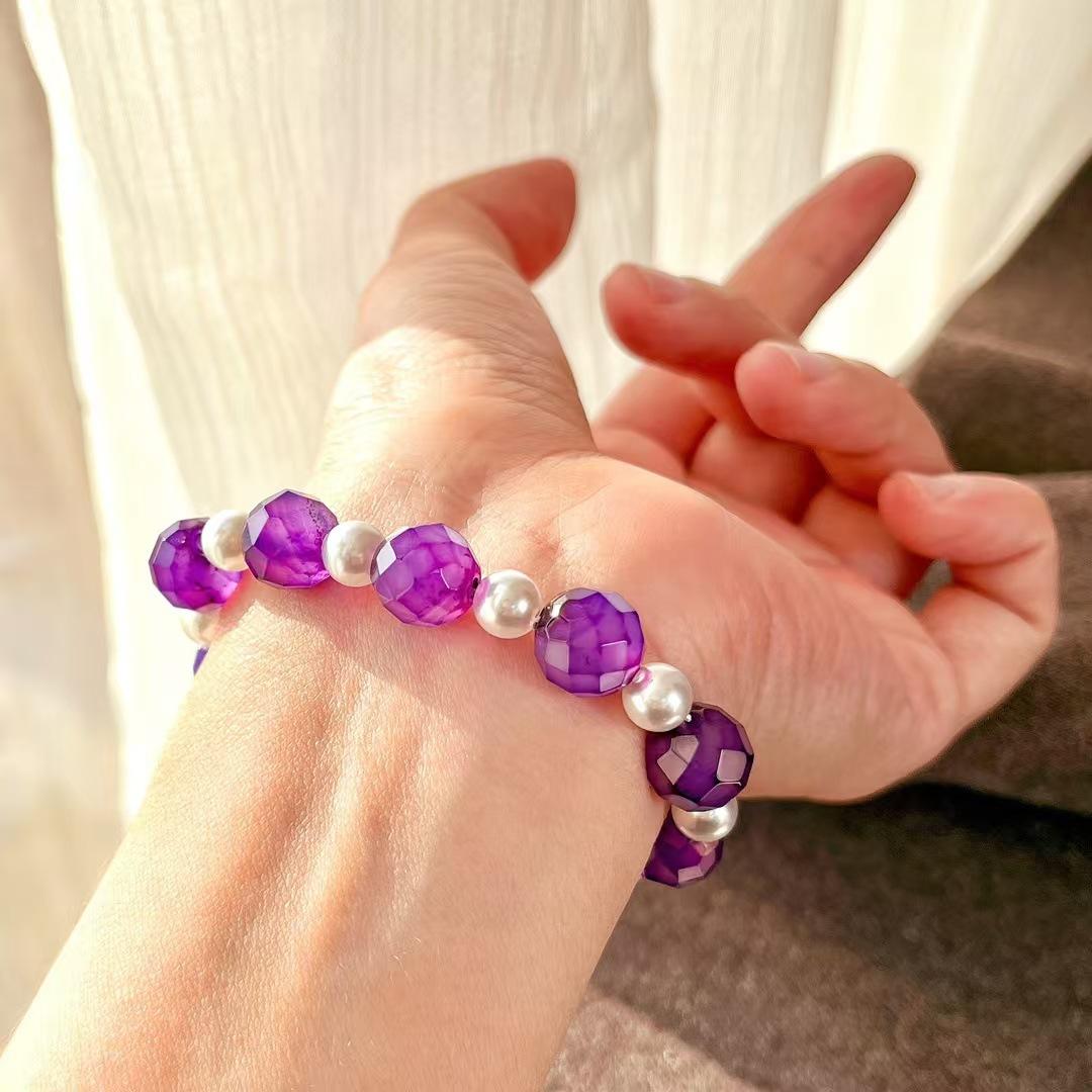 Vintage Natural Cut Purple Chalcedony High Quality Artificial Crystal Pearl Bracelet Bracelet