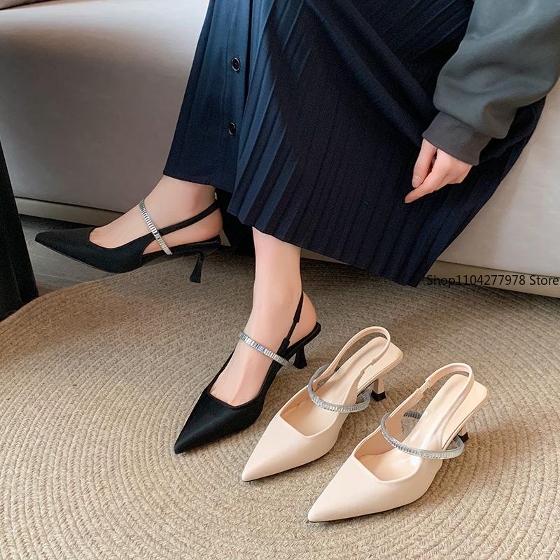 Fashion 2025 Women's Fashion Shoes High Heel Pointed Back Vacant Woolen Shoes Water Embellished Slippers Rubber Outsole Pumps