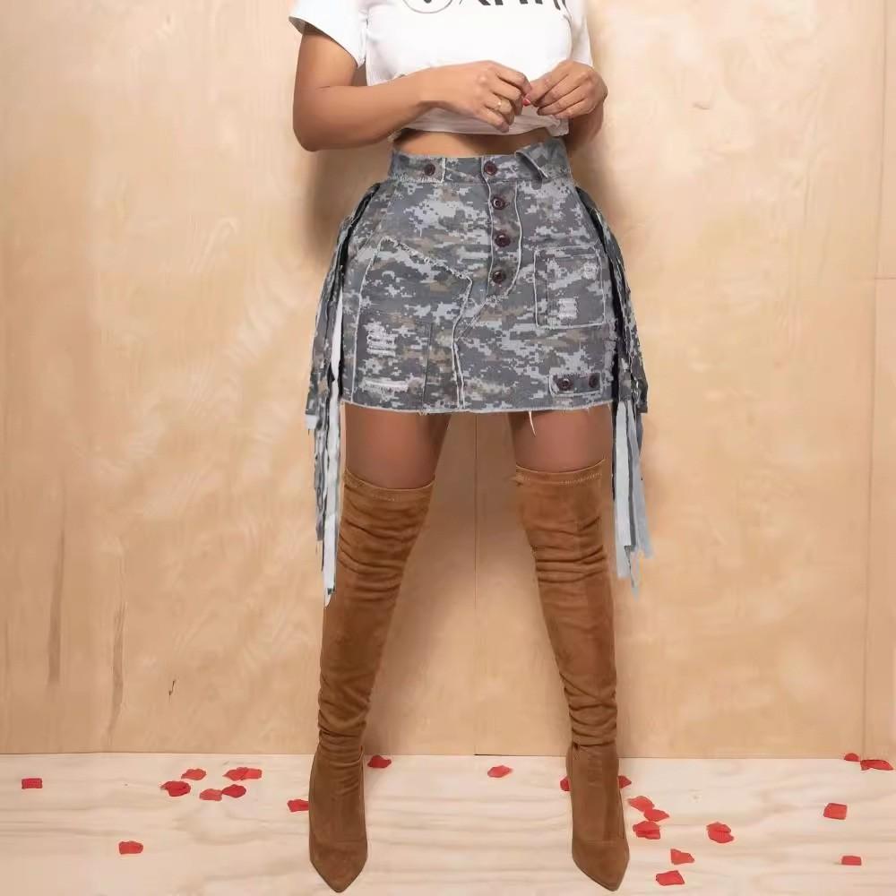 Falda Corta Para Mujer Verano Camuflaje Flecos Tela Vaquera Corte Ajustado Moda