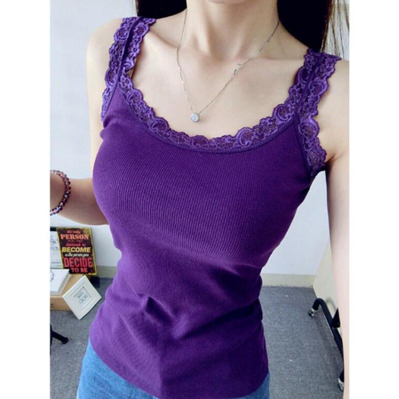 Women's Lace Trim Ribbed Camisole Slim Fit Sleeveless Tank Top