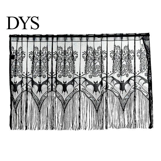 Rod Pocket Valance Halloween Lace Window Valance, Bat Skull Pattern Gothic with Fringes, Black Sheer Curtain for Kitchen Cabinet Decoration