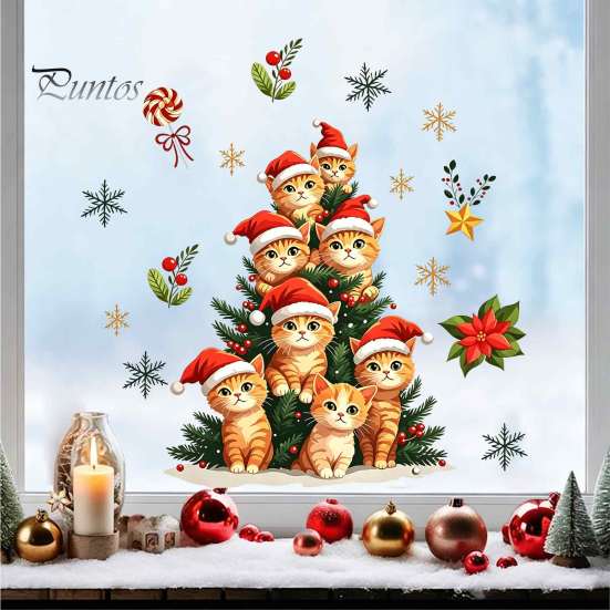 Reusable Glass Stickers Christmas Static Window Clings, Orange Cat Tree Stickers, Santa Hat Kitten Party Supplies Xmas Decals, Festive Holiday