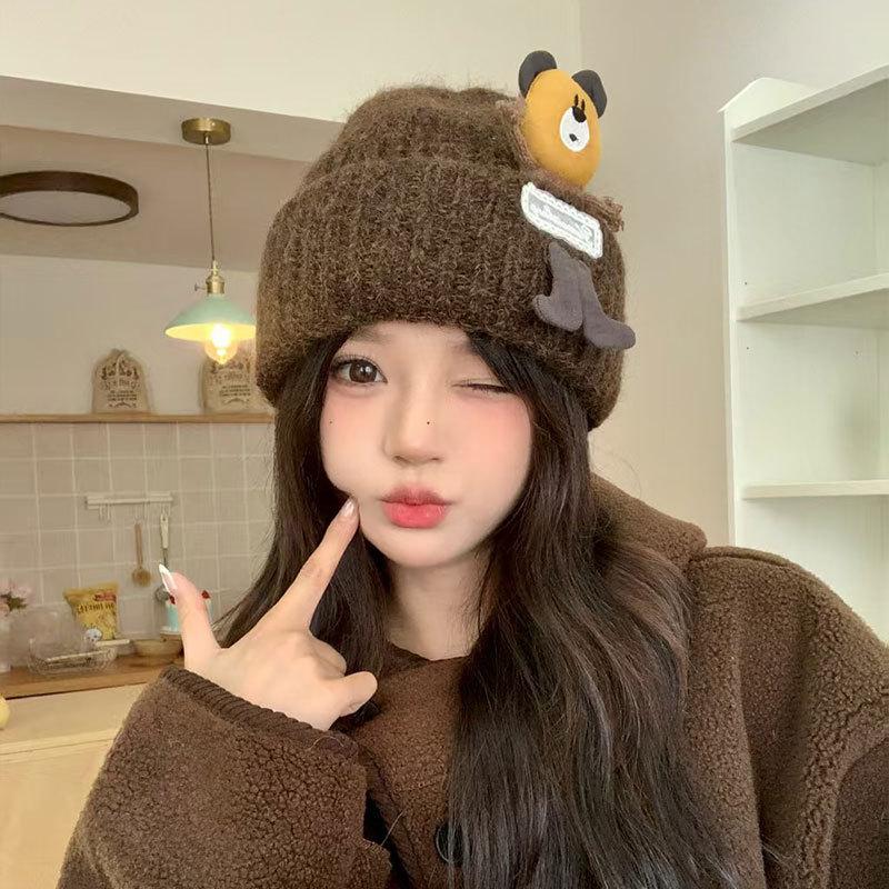 Japanese style Cute Bear Knitted Hat Girls' Autumn and Winter Student Warm Ear Protecting Woolen Hat Headscarf Cold Proof Hat