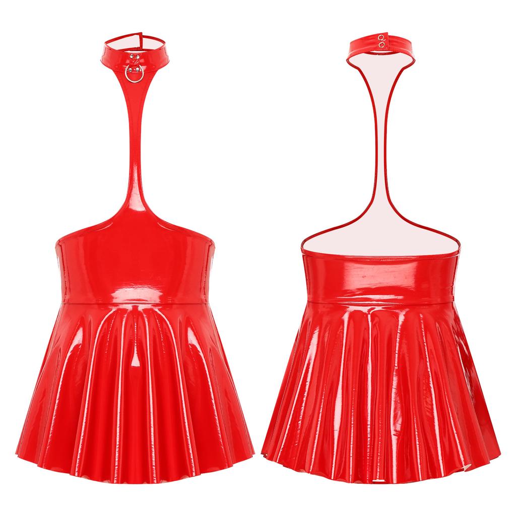 Women's Patent Leather Halter Neck Sexy Backless Bodycon Party MIni Dress Clubwear