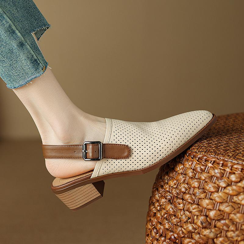 Fashion 2024 New Summer Sandals Mules Cover Toe Sandals Pointed Toe Med Heels Sandals for Women Handmade SheepSkin Ladies Shoes