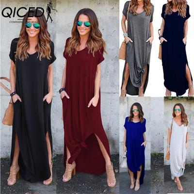 Robe d'été unie imprimée à col en V avec poche et fente