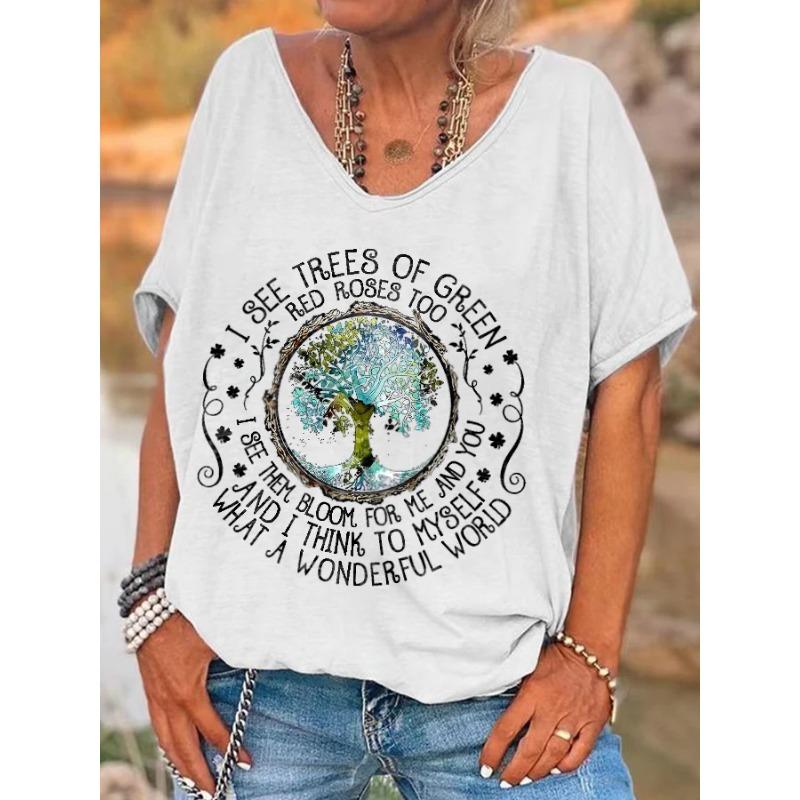 Ilstile Damen V-Ausschnitt Hippie What A Wonderful World Aufdruck T-Shirt Sommer Kurzarm Damenbekleidung Oberteile Freizeit-T-Shirts