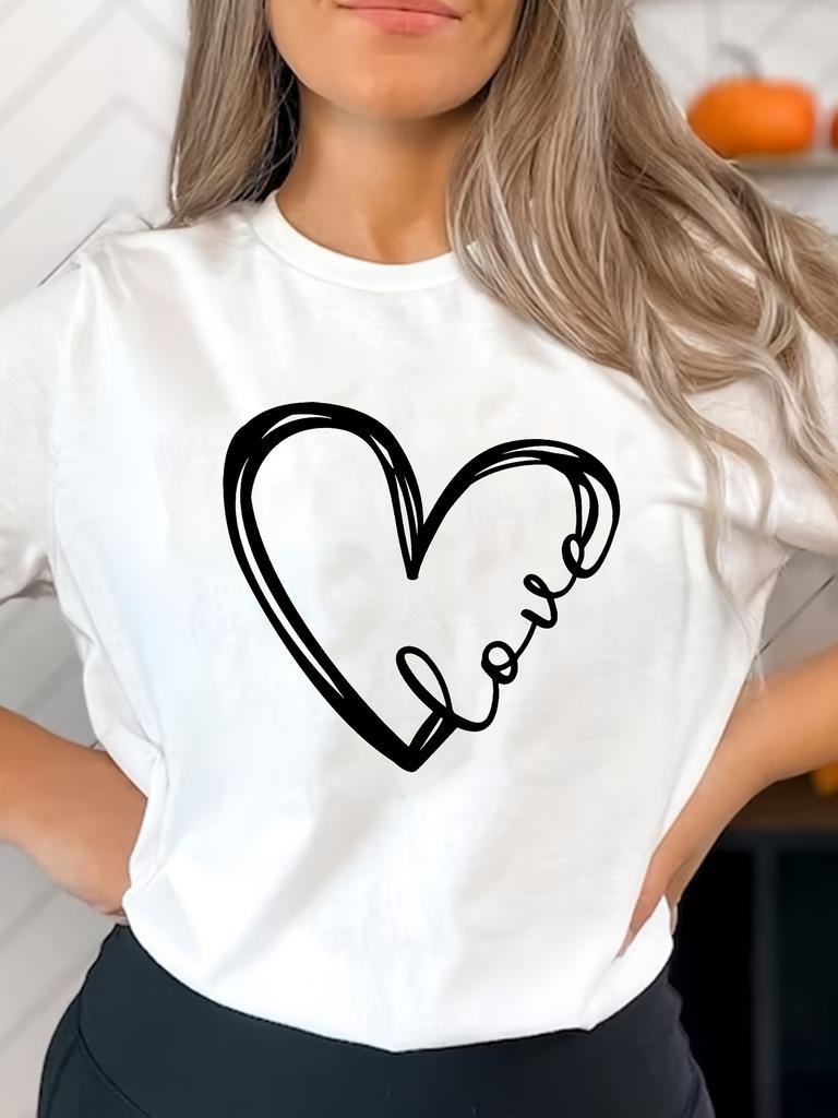 Love Heart Print T-shirt, Short Sleeve Crew Neck Casual Top for Summer & Spring, Women's Clothing