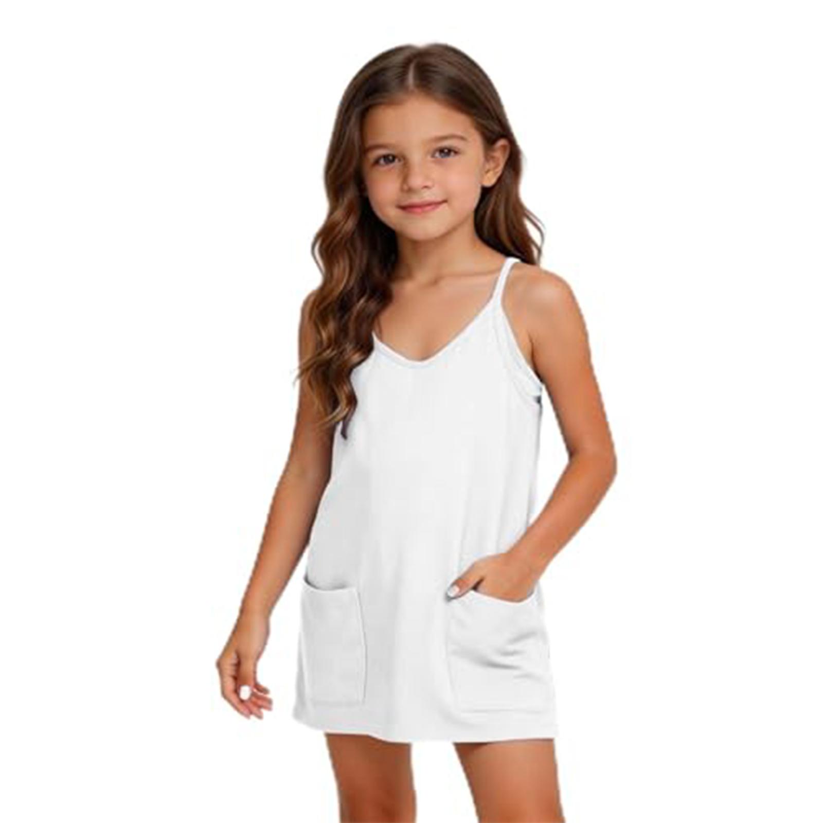 

Girls Summer Tennis V Neck Dress Romper with Pockets and Attached Shorts Lightweight Breathable Fabric Suitable for Outdoor Activities 170 білий