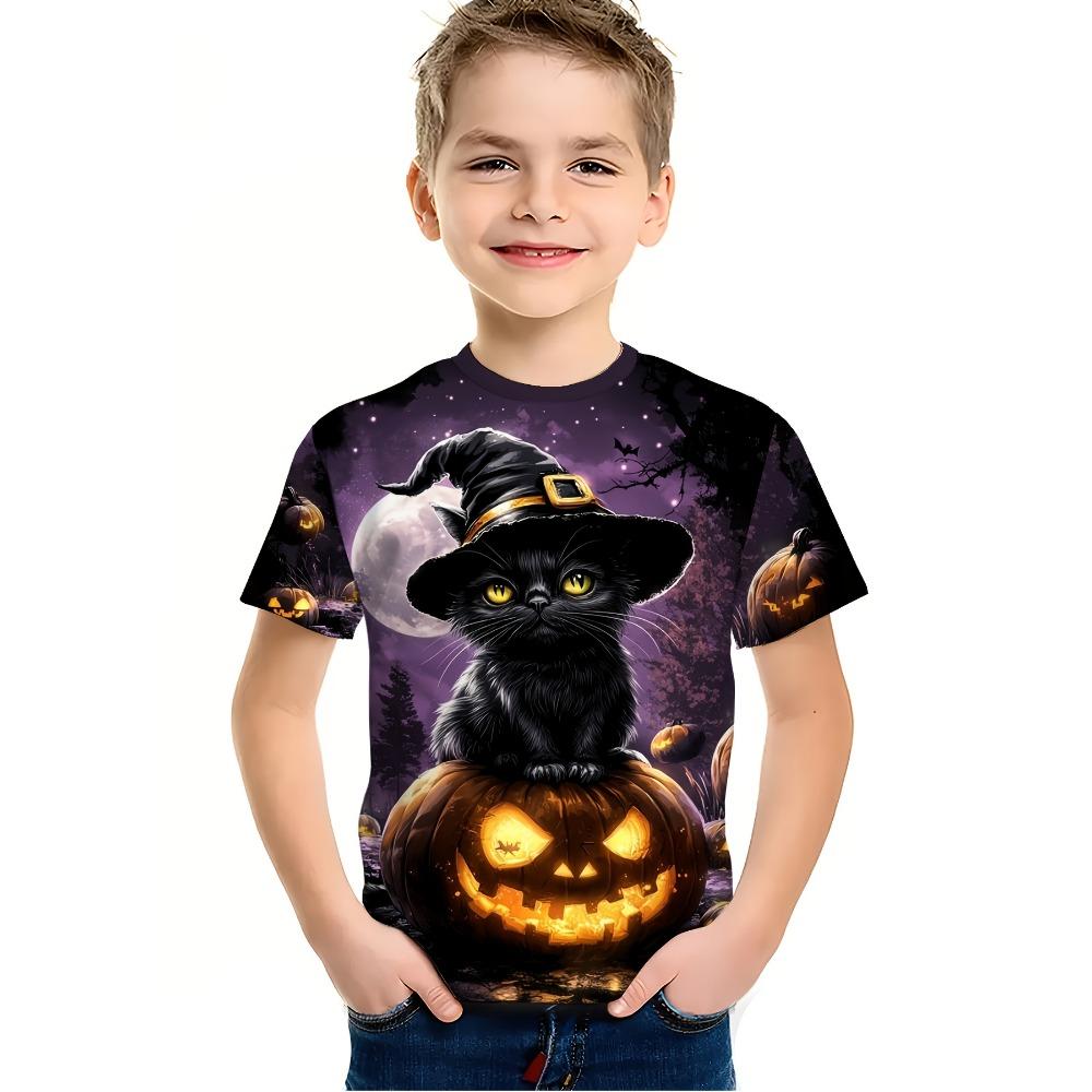Children's Halloween T-shirt with 3D Printing, Cool and Trendy Fun Panda Pumpkin Short Sleeve Top for Boys