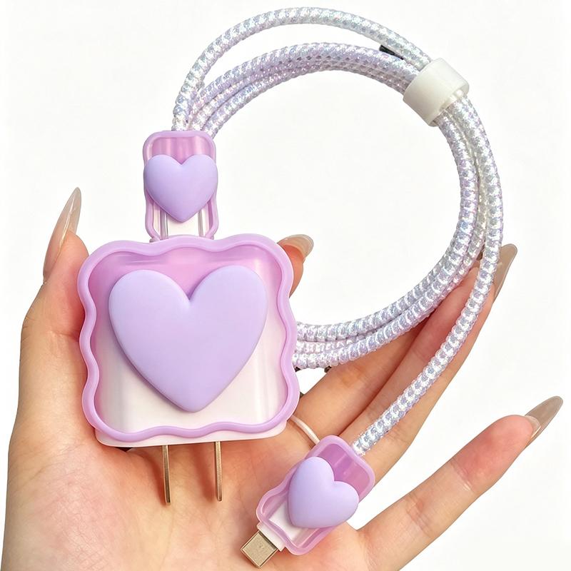 Cute 3D Heart Wavy Edge Charger Protector Set Wear Resistant Anti-Bend Cable Protector for Phone Charger Cords Office Use