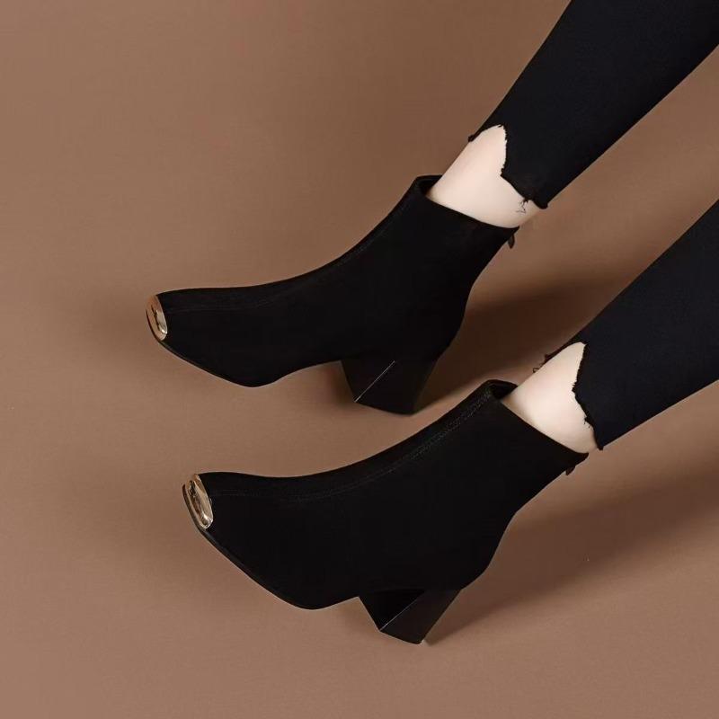 Anti-kick Head Suede Boots Women's Autumn New Thick Heel Metal Round Head Middle Heel Elastic Thin Socks Boots