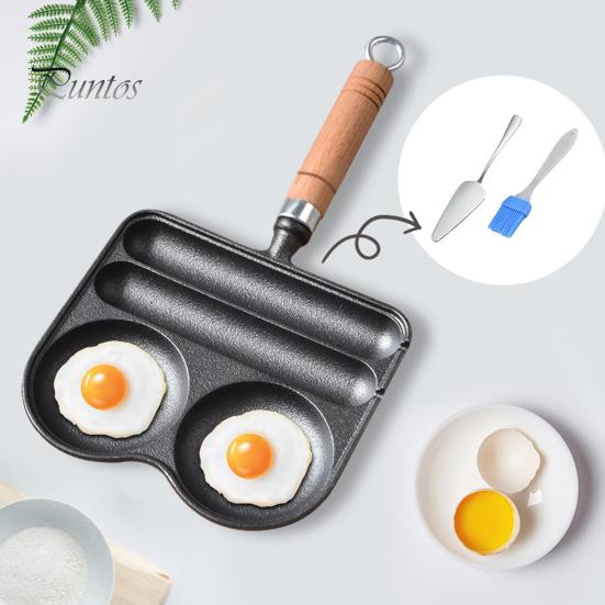 4-Cup Frying Pan Cast Iron Omelette Pan Non-Stick Coating Heat-Resistant Wooden Handle for Even Heating Sausage Pan for Gas Stove