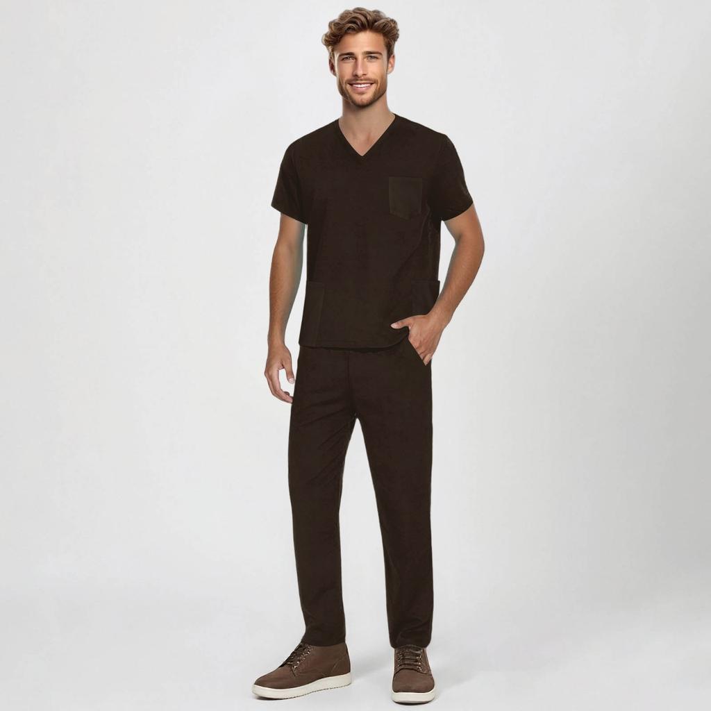 Men's Short-sleeved V-neck Solid Color Printed Breast Pocket Care Top Elastic Waist Trousers Two-piece Work Suit