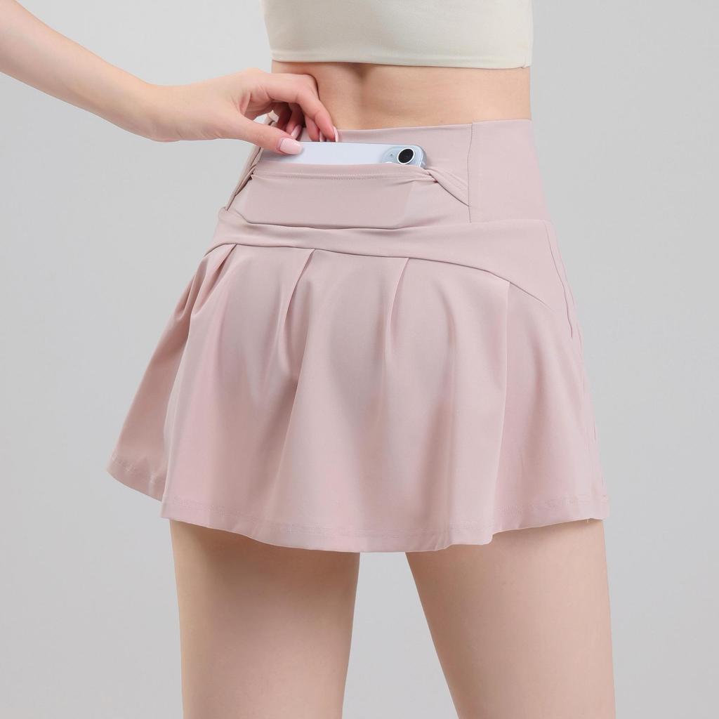 A-line High Waist Pleated Skorts with Lining - Summer Cool Anti-Exposure Running Tennis Yoga Fitness Shorts