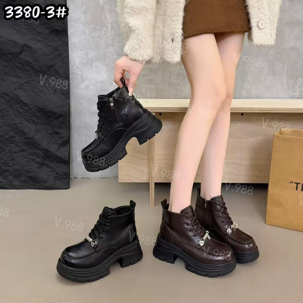 3380-3 Thick-soled heightening Martin boots women's 2025 autumn and winter leather shoes women's British style short boots thick heel short boots