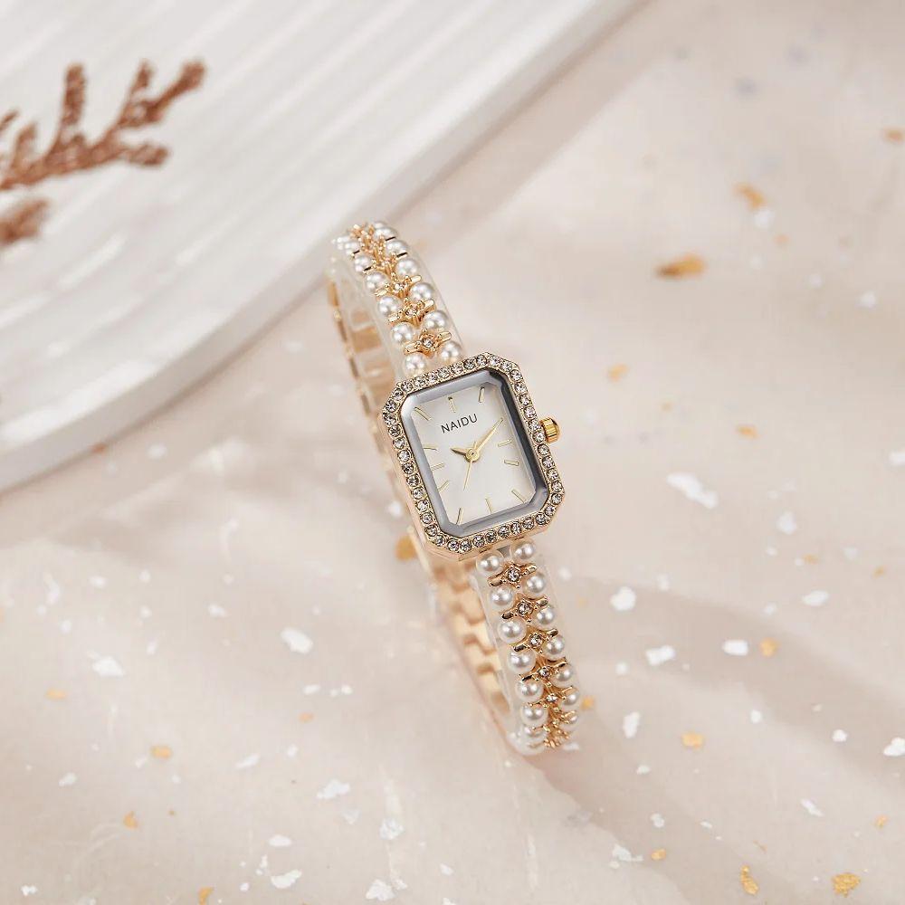 Fashionable Luxurious Ladies' Wristwatch Rhinestone Square Dial Imitation White Pearl Strap Waterproof Women Quartz Watch Reloj