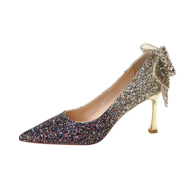 Autumn New Women's Luxury Pointed Rhinestone Bow Crystal Sequins Colored High Heel Single Shoes Banquet Wedding Shoes