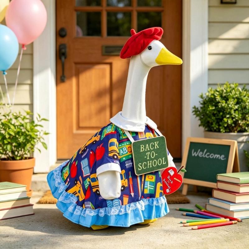 Porch Display Clothes for School Season, Polyester Dress Outfit with Red Cap, Sign and Fruit Charm for Garden Entry Placement, Figure Not Included