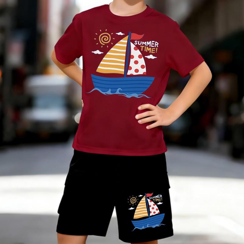 Boys 2 Piece Summer Nautical Themed Print Outfit, Short Sleeve T-Shirt and Shorts Set for Kids Age 5-14, Black and White Sporty Casual Summer Clothes