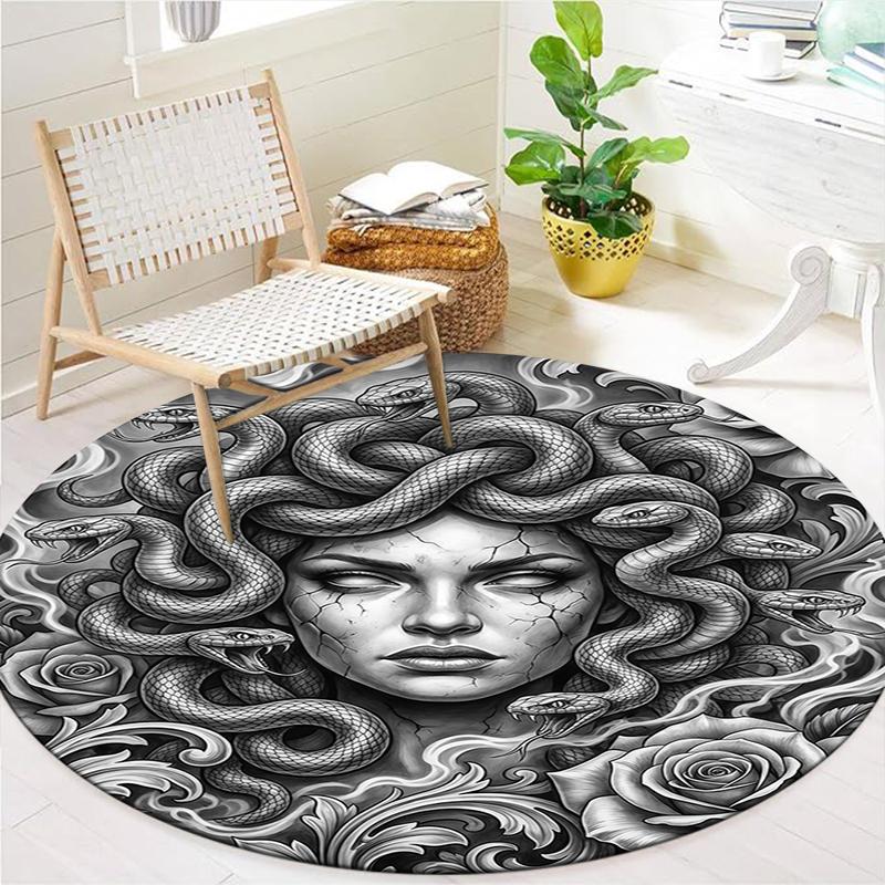Sketch Medusa Whale Dragon Round Area Rug,Carpet Rug for Living Room Bedroom Sofa Playroom Decor,Non-slip Floor Mat