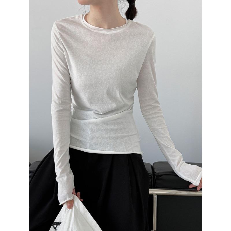 Женская универсальная базовая футболка Luxi в корейском стиле, с подвернутым краем, круглым вырезом, для осени, новая, с длинным рукавом, облегающий топ M белый