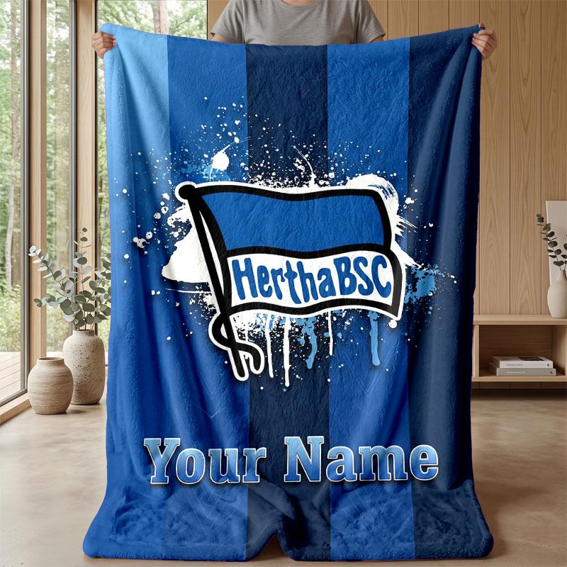 Hertha Bsc Custom Name Text Flannel Blanket Soccer Logo Personalized Fleece Throw Blanket Special Gift For Sofa Bedroom Home
