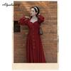 England Style Autumn Spring Women Split Midi Dress Square Collar Buttons Bandage Elegant Dress Retro Ladies' Feminine Chic Dress