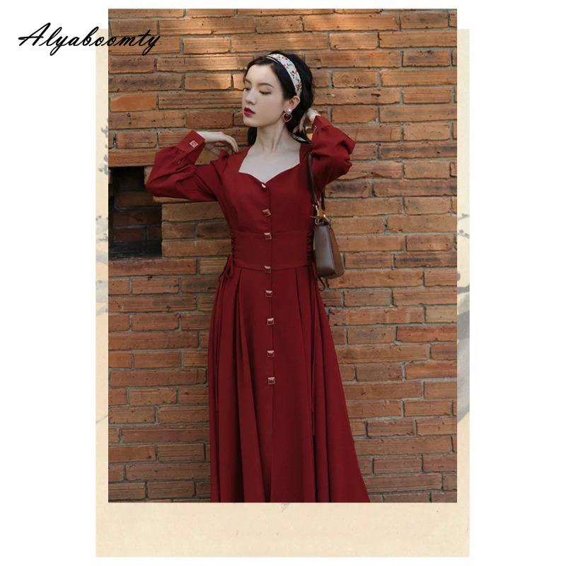 England Style Autumn Spring Women Split Midi Dress Square Collar Buttons Bandage Elegant Dress Retro Ladies' Feminine Chic Dress