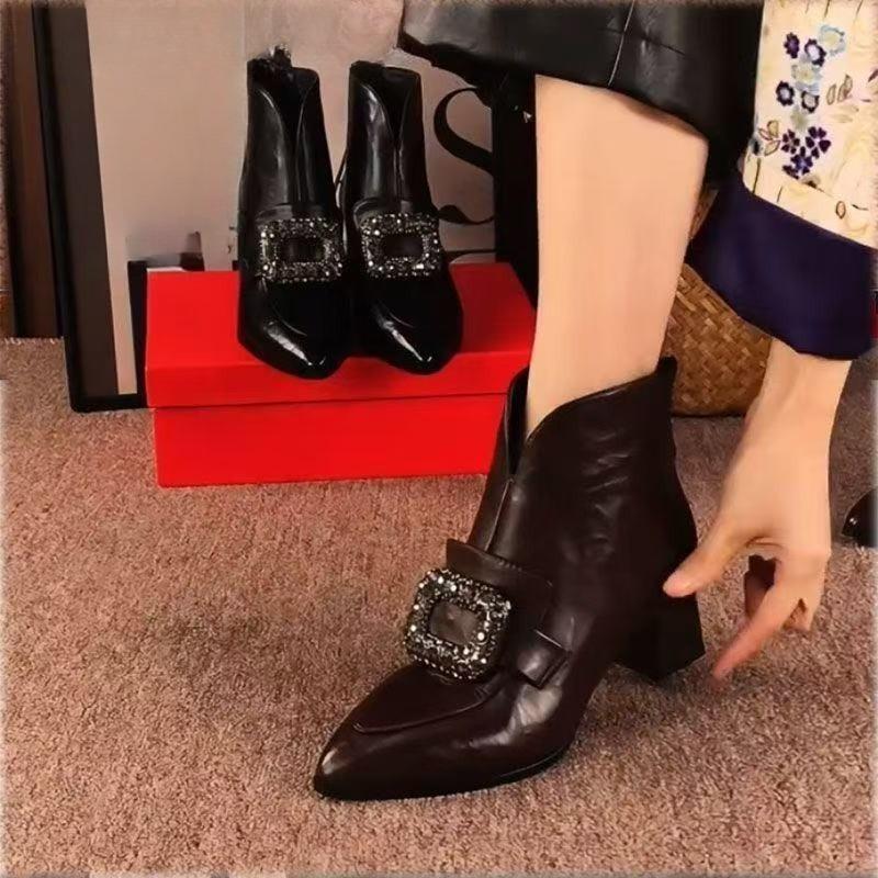 New Style of Women's Ankle Boots, Thick-heeled Shoes, Pointed-toe High-heeled Soft Leather and Fleece Boots
