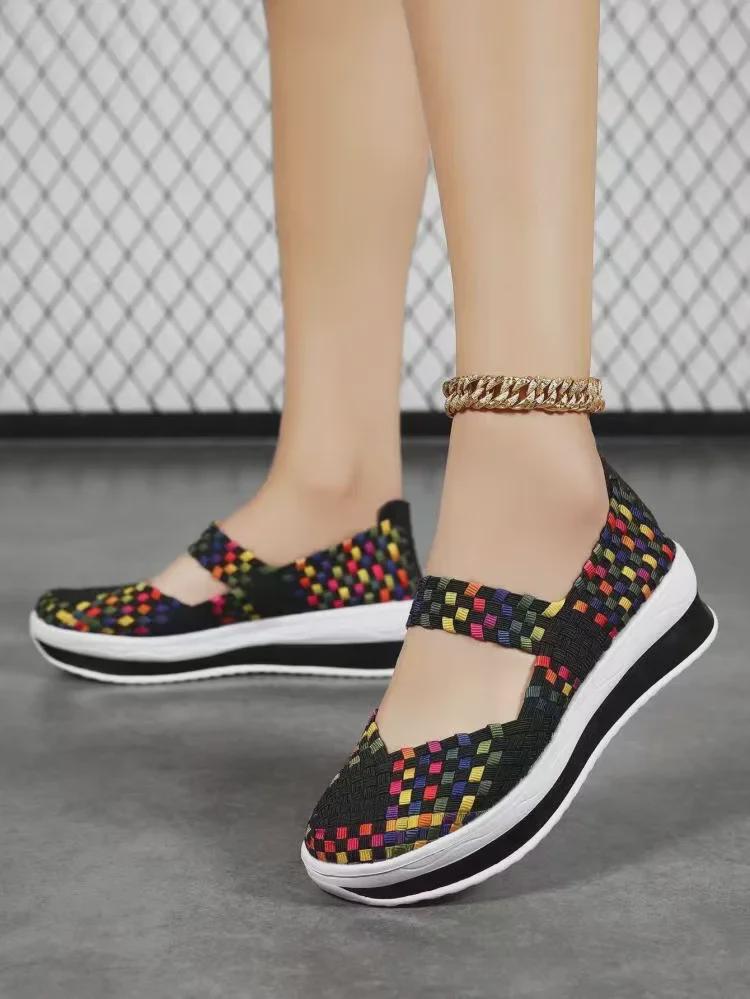 Sandales compensées tissées légères de grande taille à bout ouvert