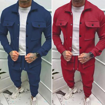 2Pcs/Set Men Sportwear Set Lapel Long Sleeve Flap Pockets Coat Elastic Drawstring Waist