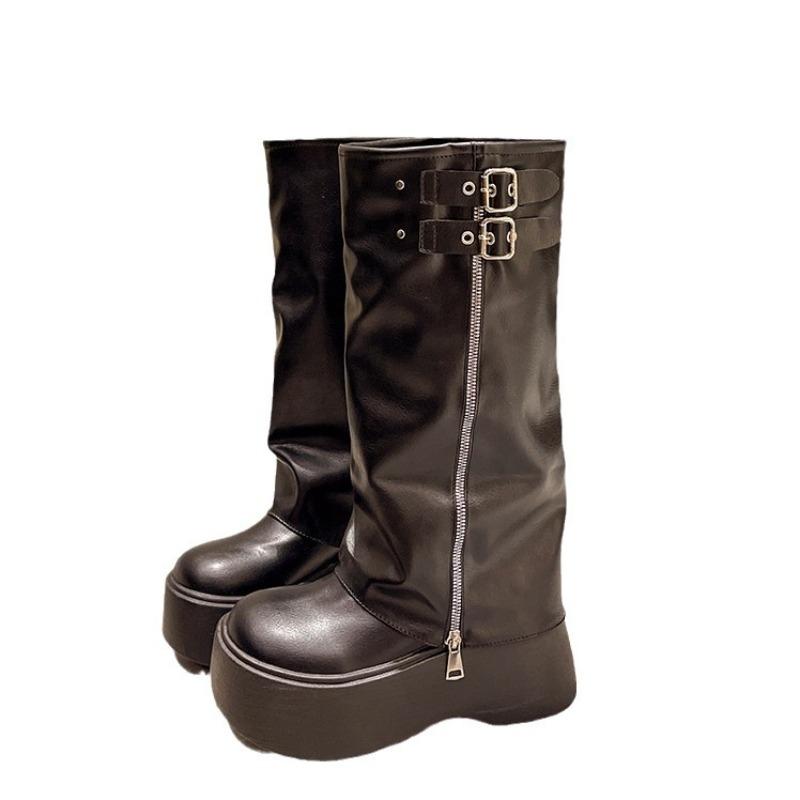 Platform Wedges Women Shoes Retro Motorcycle Boots Round Toe Belt Buckle Zipper High-heeled Fashion Pleated Knee High Long Boots
