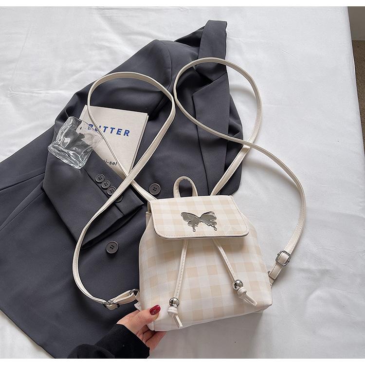 College Plaid Backpack Women's Casual Niche Design Butterfly Backpack Premium Handbag