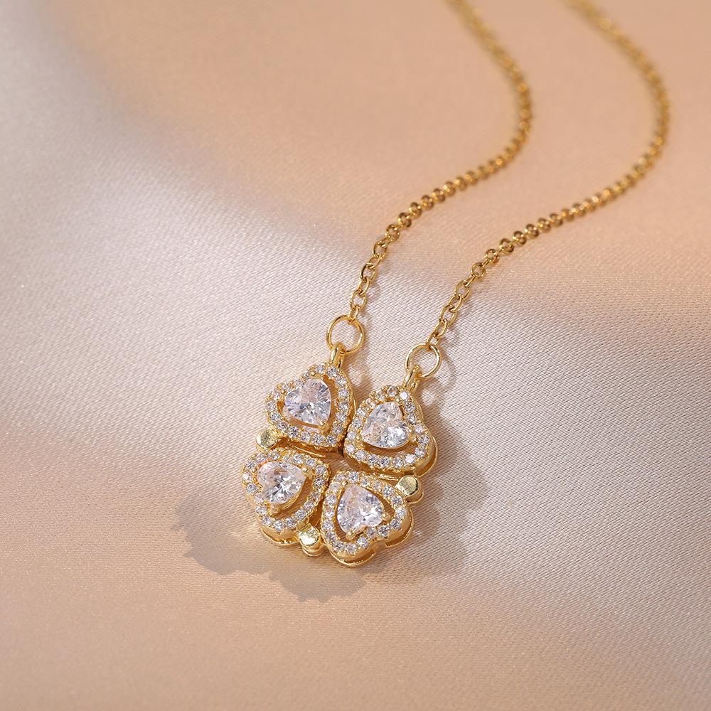 1pc Heart Shaped Four Leaf Clover Pendant Necklace Jewelry Zircon Women Love Clavicle Chain Gifts Openable ChokerJewelry