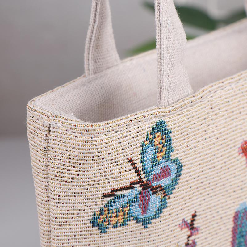 Embroidery Canvas Bag Cute Butterfly Rabbit Peony Tote Bag Small Shoulder Traveling Pouch Handbag Grocery Storage Bag