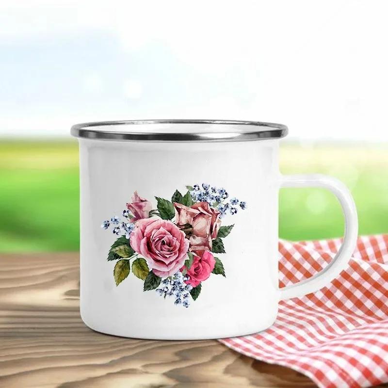 Tazas de Esmalte Retro con Estampado de Flores Tazas de Café Creativas Verano Picnic al Aire Libre Bebidas Zumo Leche Tazas de Acampada Asa Utensilios para Beber Regalos