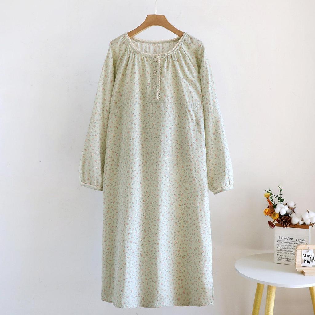 Women's Forest Floral Cotton Pajama Set - Long-Sleeve Gauze Cardigan, Sweet & Loose Nightgown for Spring & Autumn.