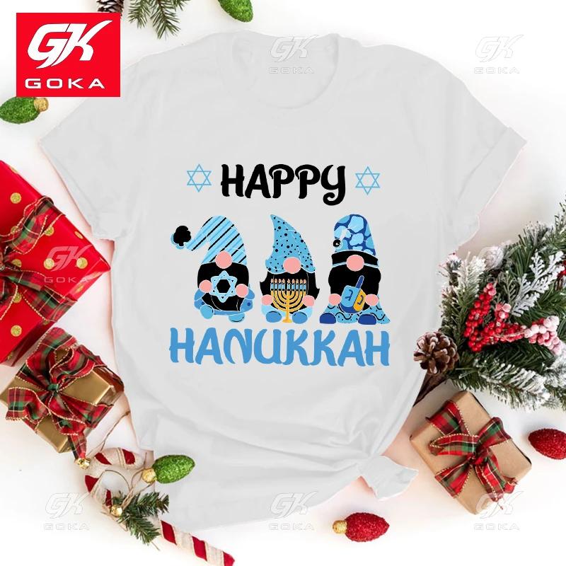 Heißes Weihnachtswichtel Glückliches Chanukka Briefdruck T-Shirt Damenmode Kurzarm Street Casual Persönlichkeit Sommer T-Shirt