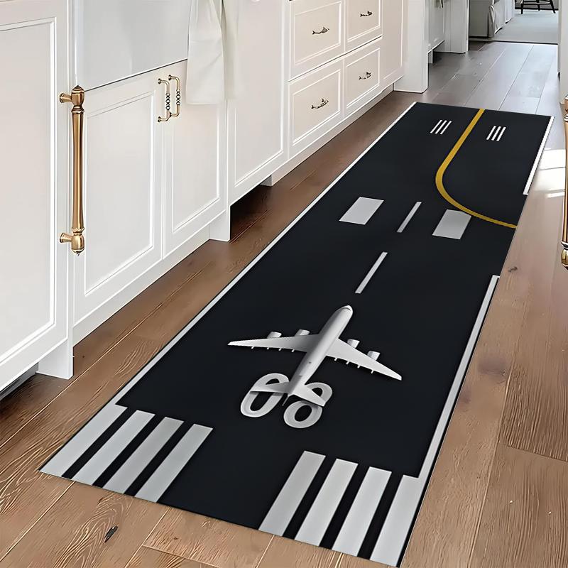 3D Visual Airplane Runway Long Runner Rug Aviation Enthusiast Durable Fade-resistant Non-slip Carpet for Hallway Entryway
