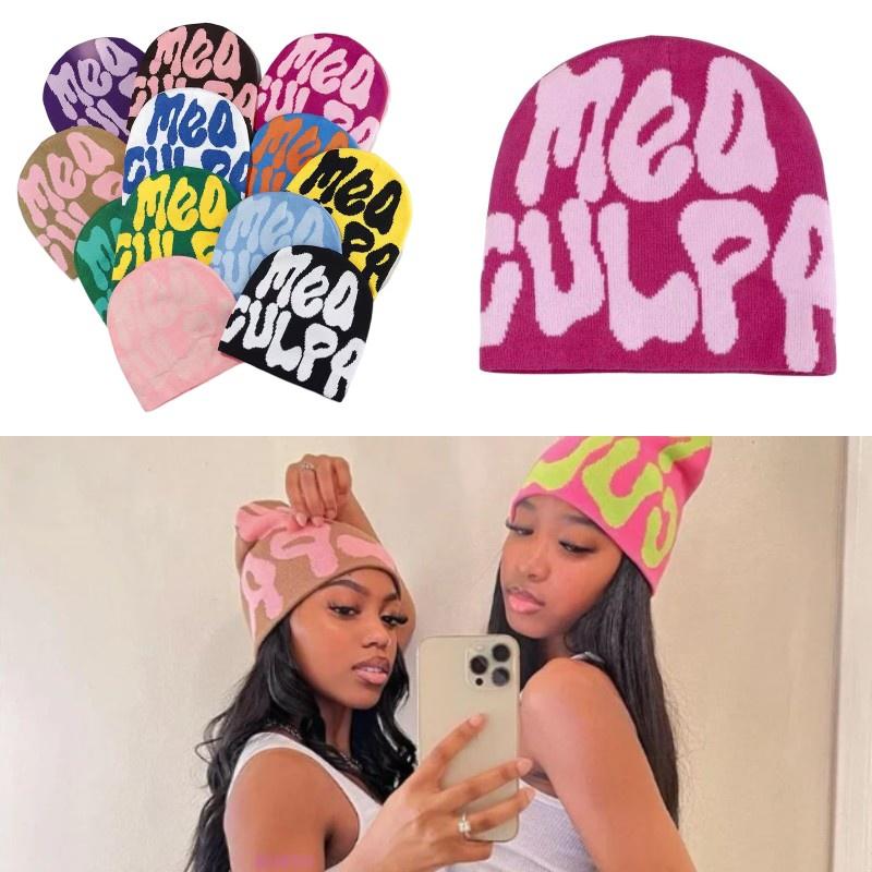 Mea Culpa Trendy Letter Print Beanies Knit  Hat Streetwear Cap Outfit Women Girl