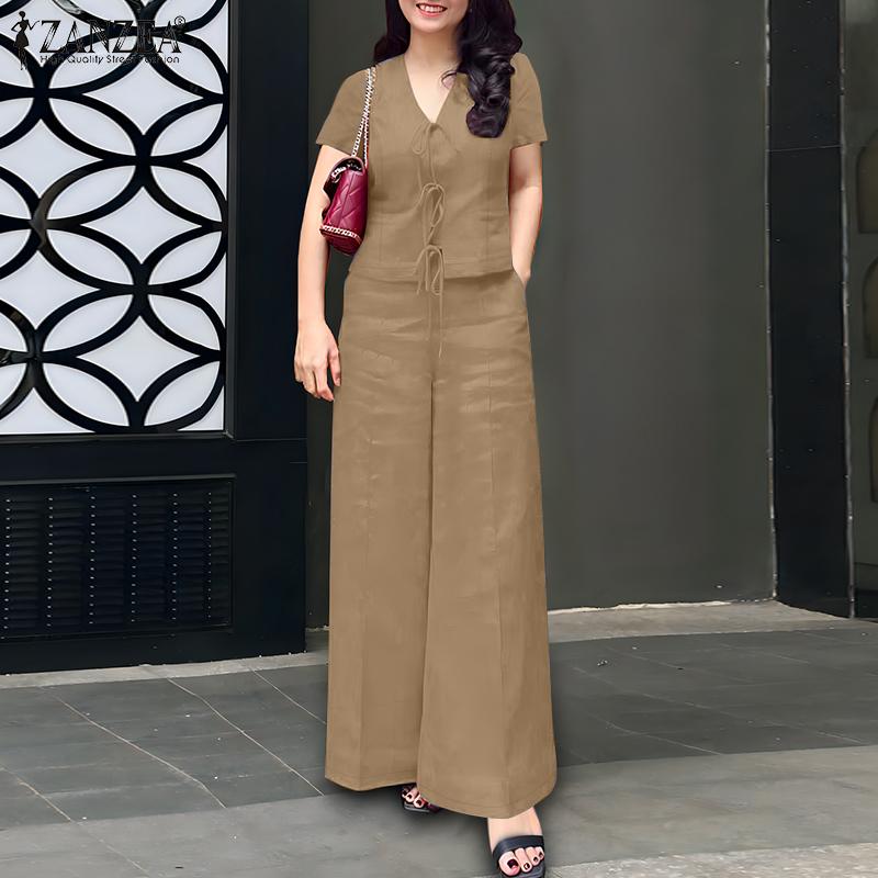 ZANZEA Women Casual Short Sleeve Blouse and Pants Casual Two Piece Suit Sets