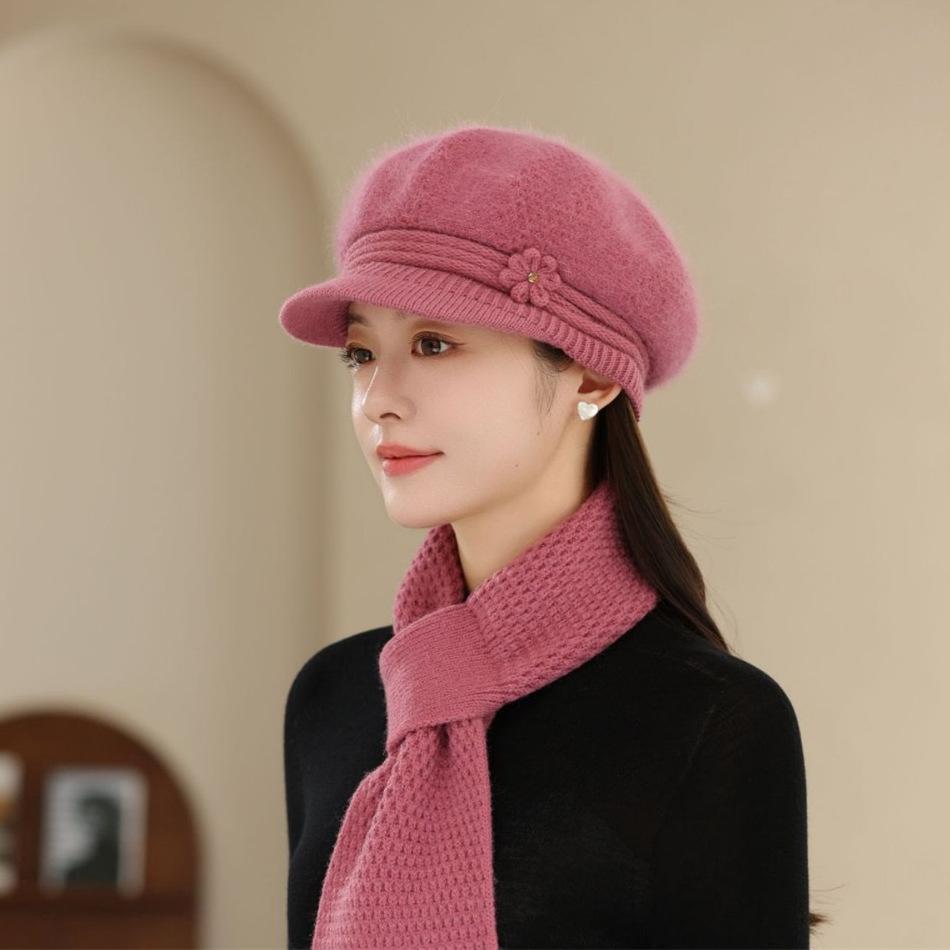 Female Winter Rabbit Fur Hat Warm And Thickened Knitted Wool Hat Cold And Windproof Simple Mother Cotton Hat
