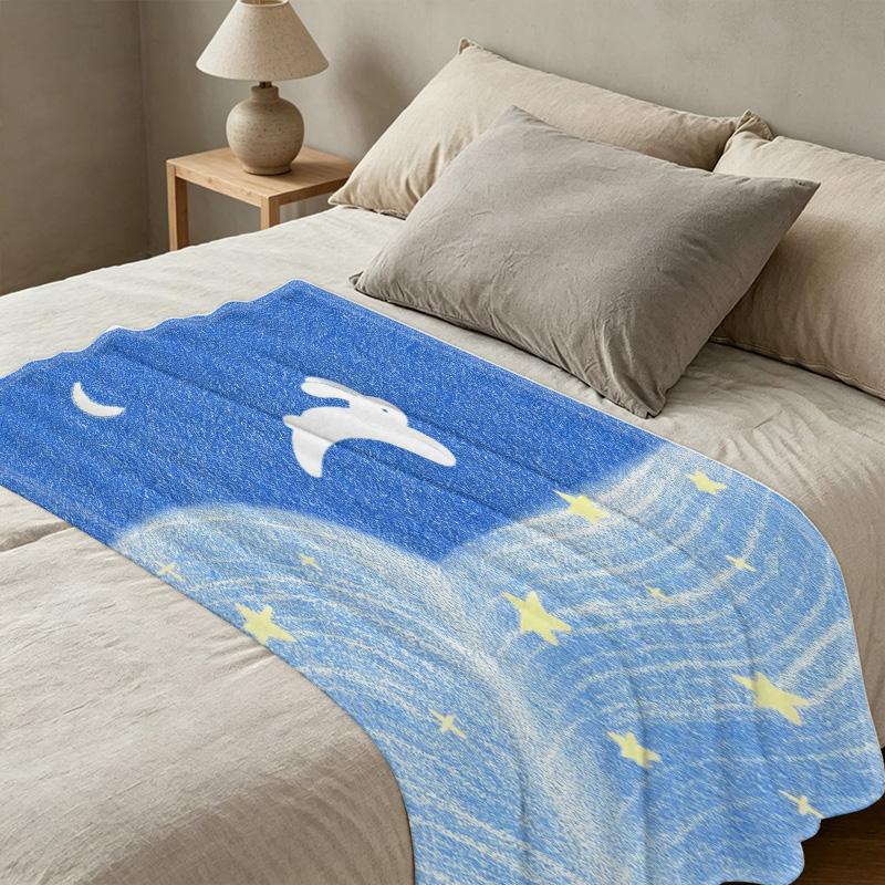 Thick Warm Flannel Blanket - Moon Star Rabbit Pattern, Soft Cozy for Home, Couch, Bedroom, Guest Room, Christmas & Halloween