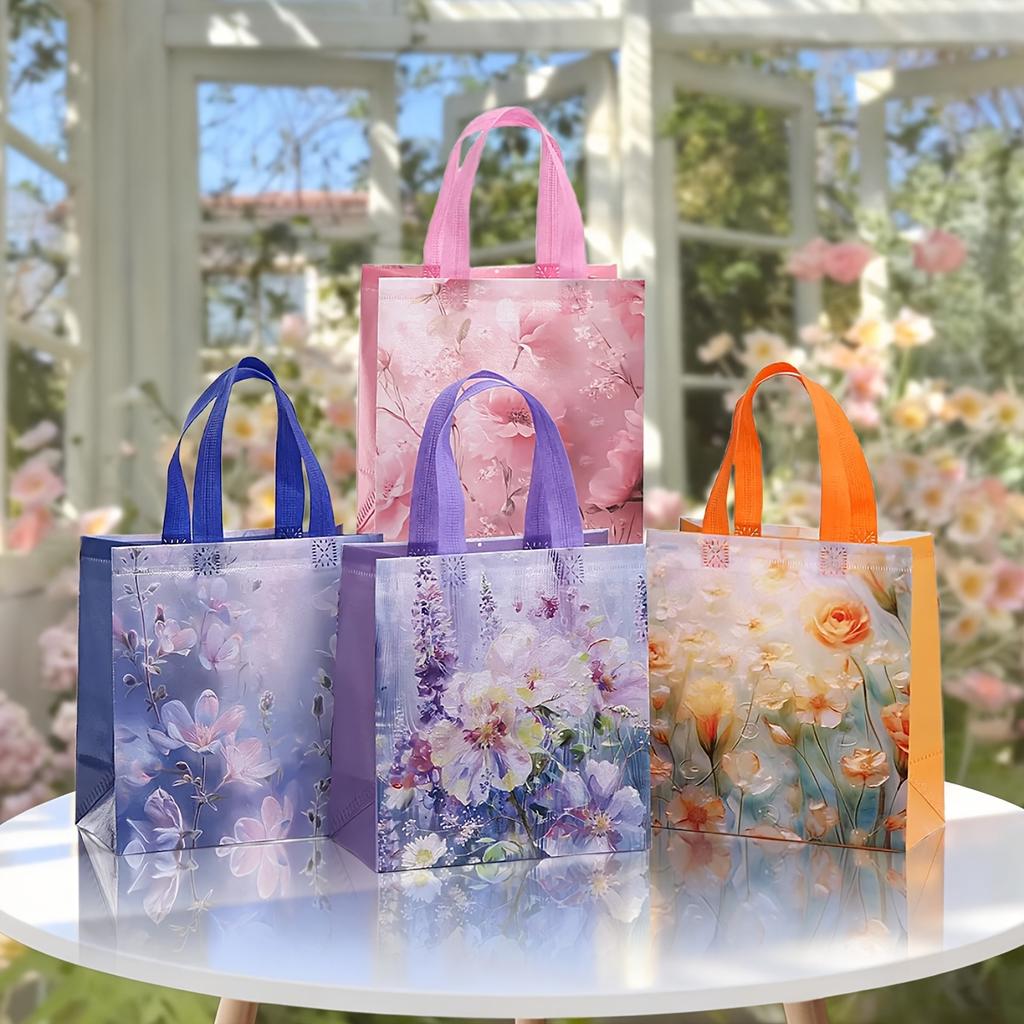 4PCS Flower Print Non-Woven Tote Bags, Oil Painting Art Style Shopping Bags for Birthday, Wedding & Valentine Gifts