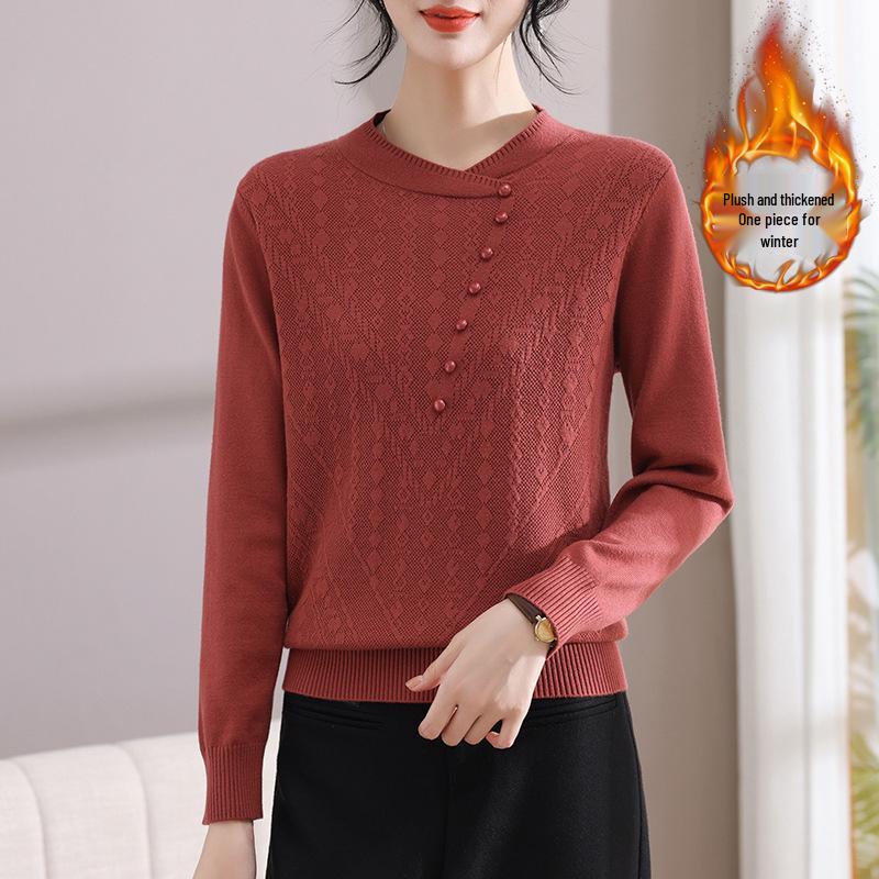 2024 Velvet-Enhanced Knit Sweater: Warm, Fashionable Round-Neck Chinese Style for Autumn/Winter