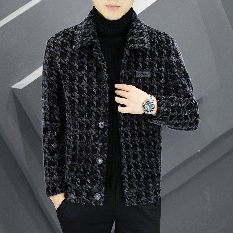 2025 Autumn/Winter Men's Trendy Fleece-Lined Plaid Wool Jacket